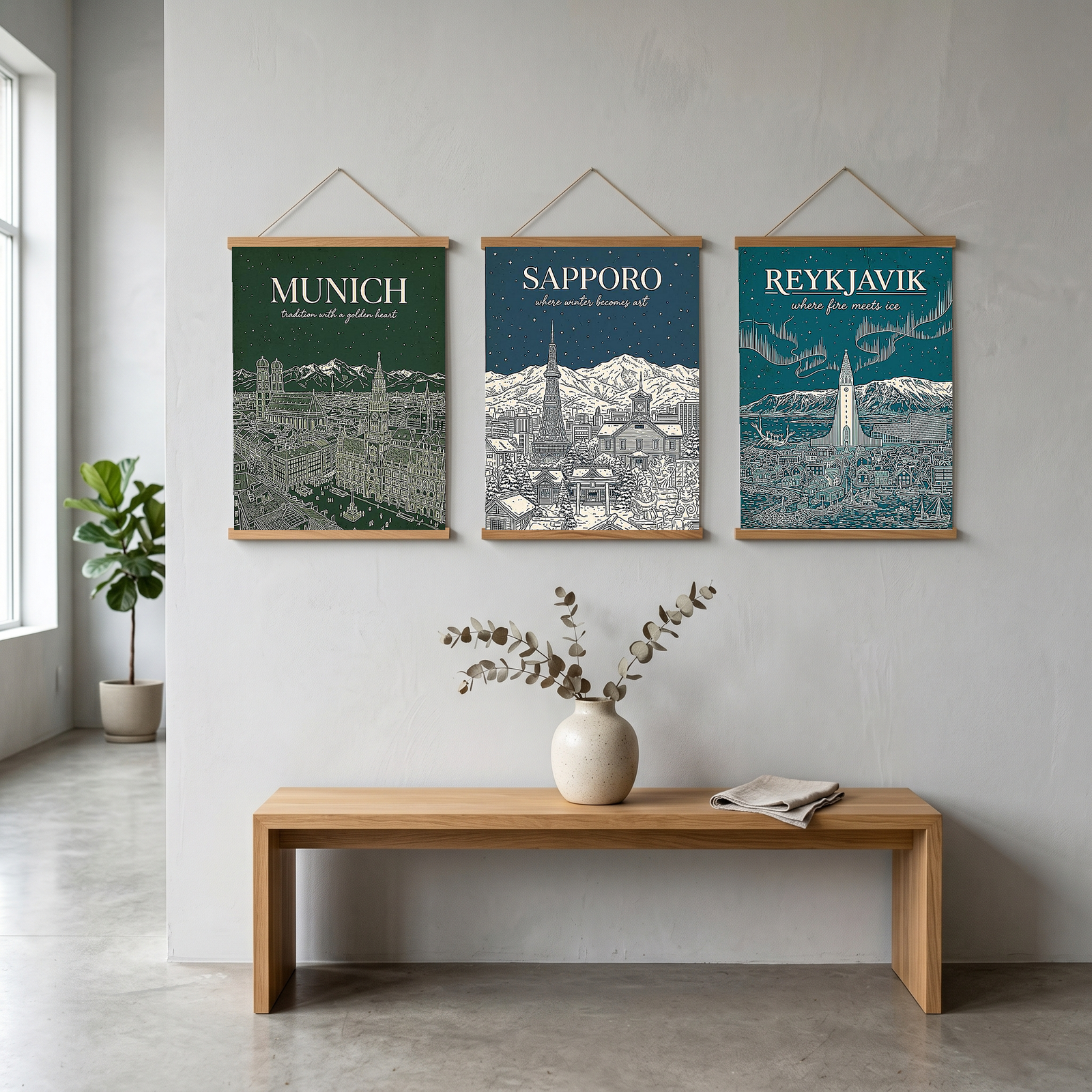 Munich Line Art Print — Forest Green Frauenkirche Marienplatz Skyline Wall Art