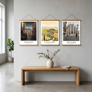 Naples Italy Travel Poster — Vesuvius Pizza Street Scene Print