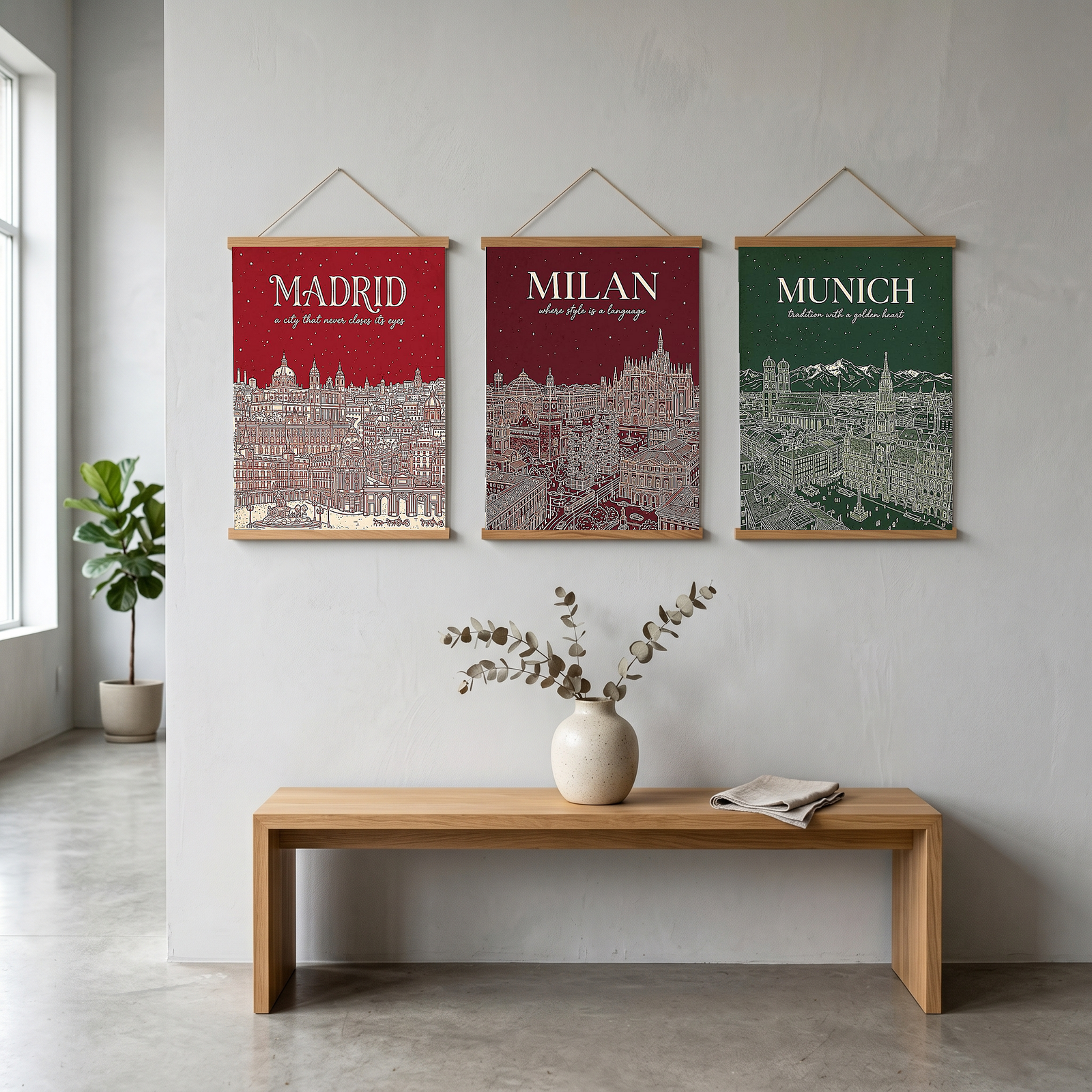 Madrid Line Art Print — Cherry Red Royal Palace Plaza Mayor Skyline Wall Art
