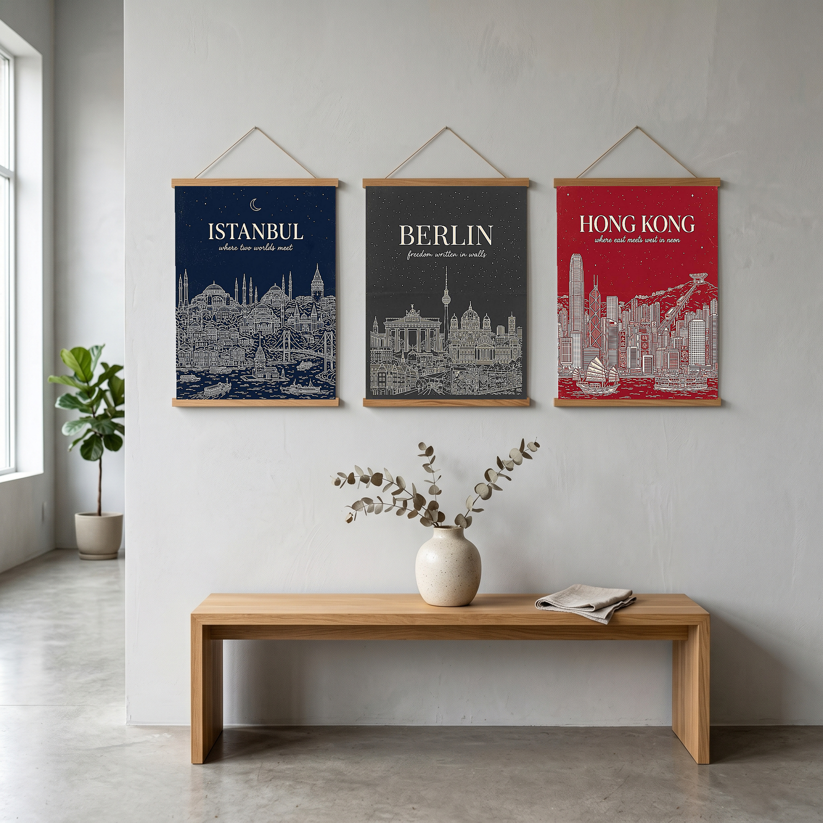 Istanbul Line Art Print — Navy Bosphorus Skyline Hagia Sophia Wall Art