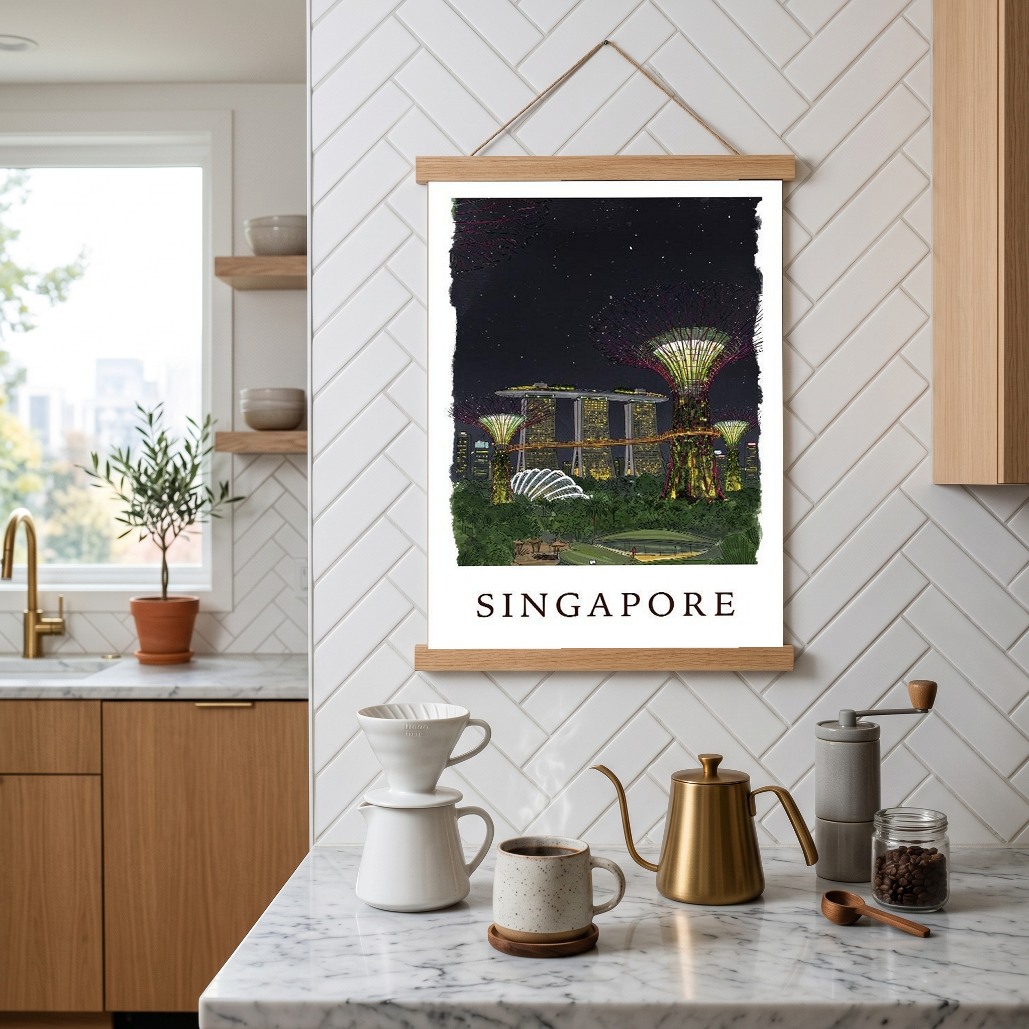 Singapore Travel Poster — Gardens by the Bay Marina Night Print