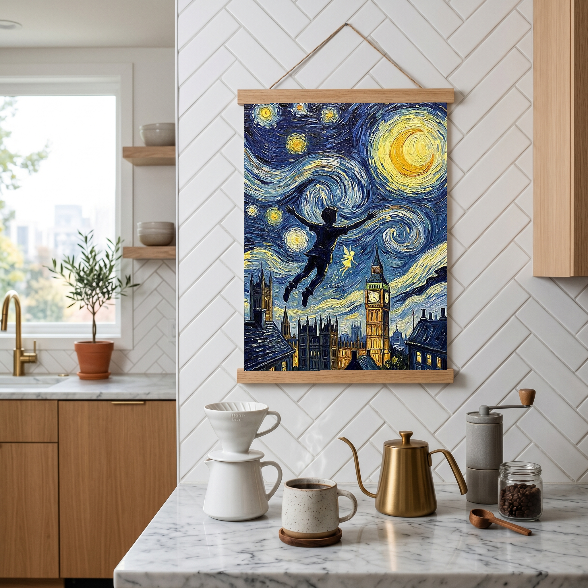 Peter Pan London Starry Night Print — Big Ben Van Gogh-Style Nursery Wall Art