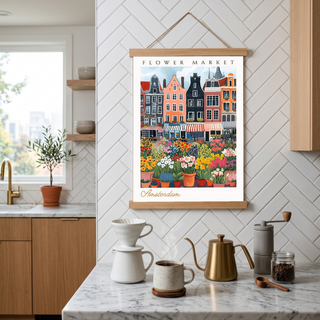 Amsterdam Flower Market Print — Canal Houses Tulip Cityscape Art