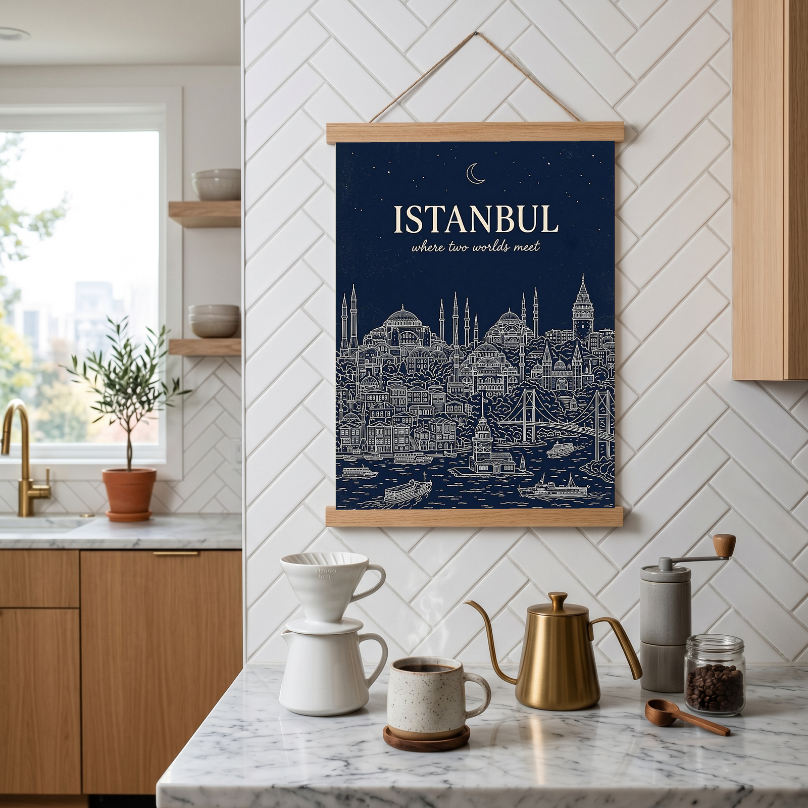 Istanbul Line Art Print — Navy Bosphorus Skyline Hagia Sophia Wall Art