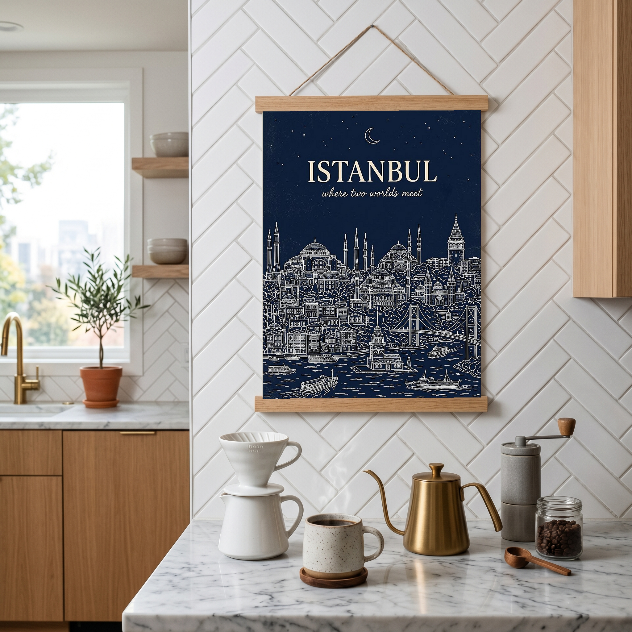 Istanbul Line Art Print — Navy Bosphorus Skyline Hagia Sophia Wall Art