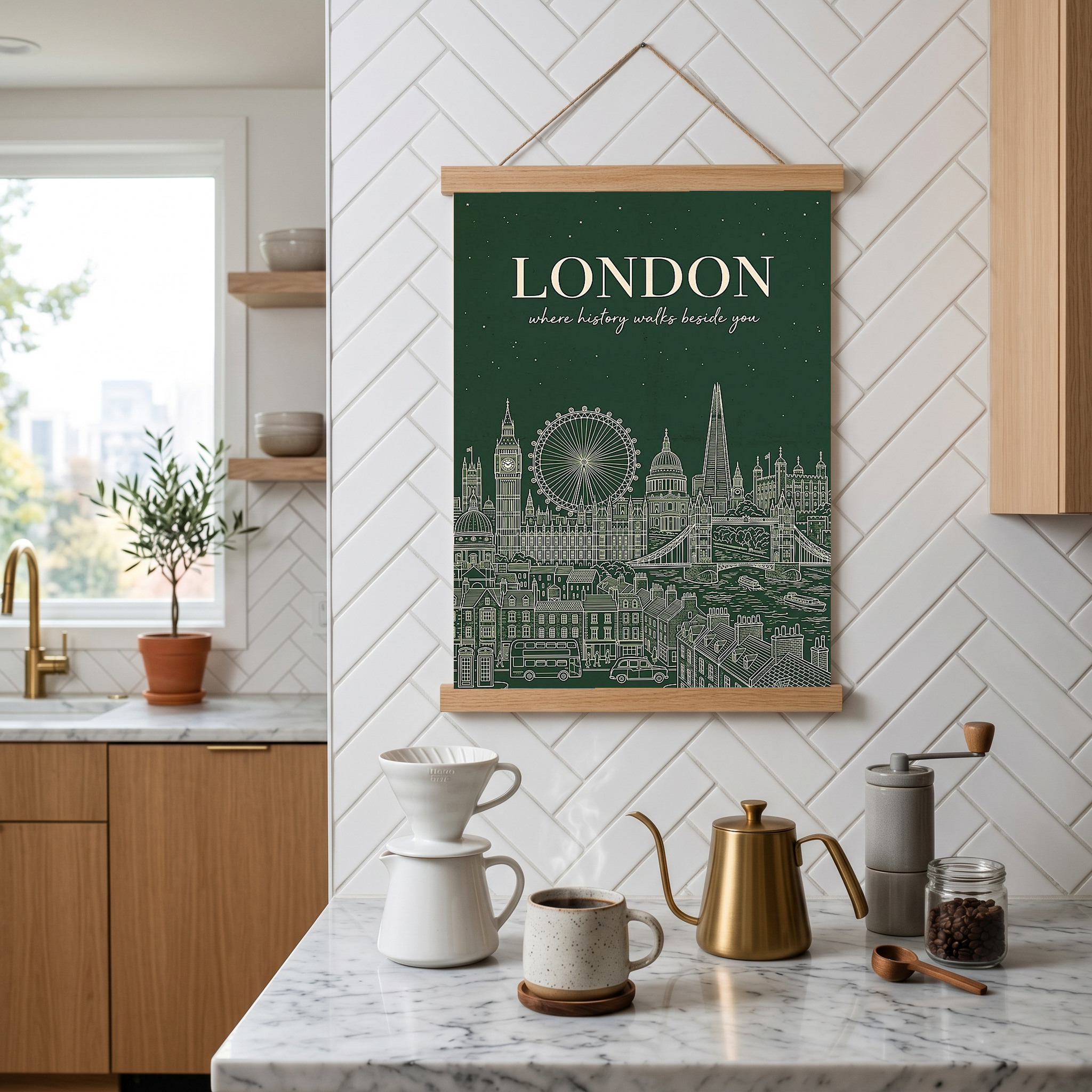 London Line Art Print — Forest Green Big Ben London Eye Skyline Wall Art