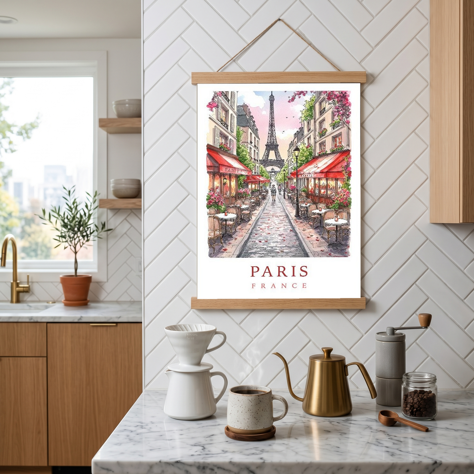 Paris France Travel Poster — Eiffel Tower Street Cafe Print