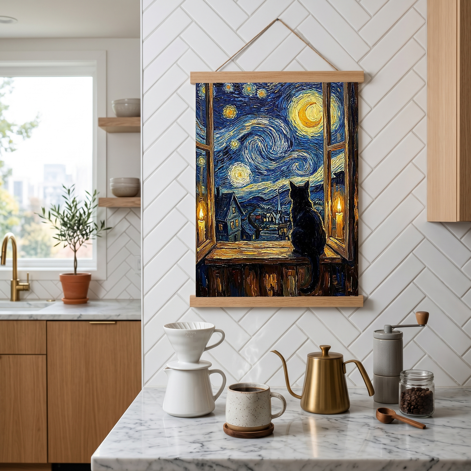 Black Cat Window Print — Van Gogh Starry Night Cozy Cottage Wall Art