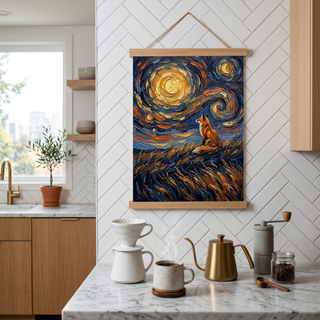 Lone Fox Starry Night Print — Van Gogh-Style Wildlife Hillside Wall Art