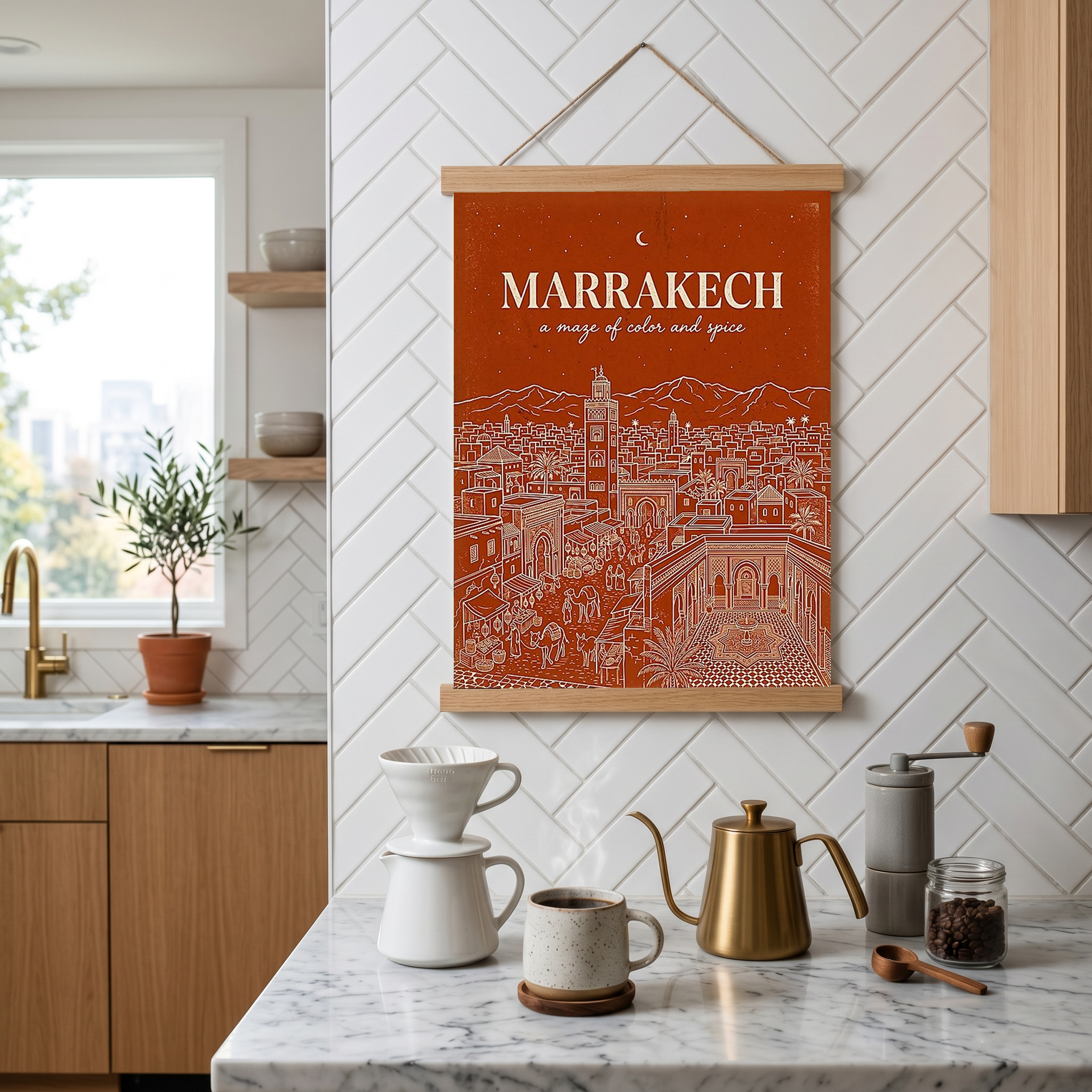 Marrakech Line Art Print — Terracotta Koutoubia Medina Skyline Wall Art