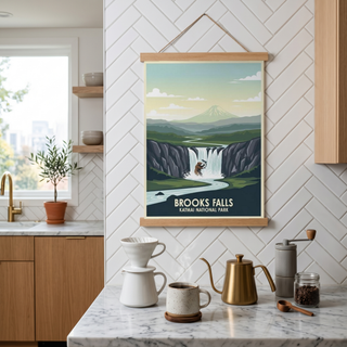 Katmai National Park Poster — Vintage Alaska Brooks Falls Brown Bear Salmon Print
