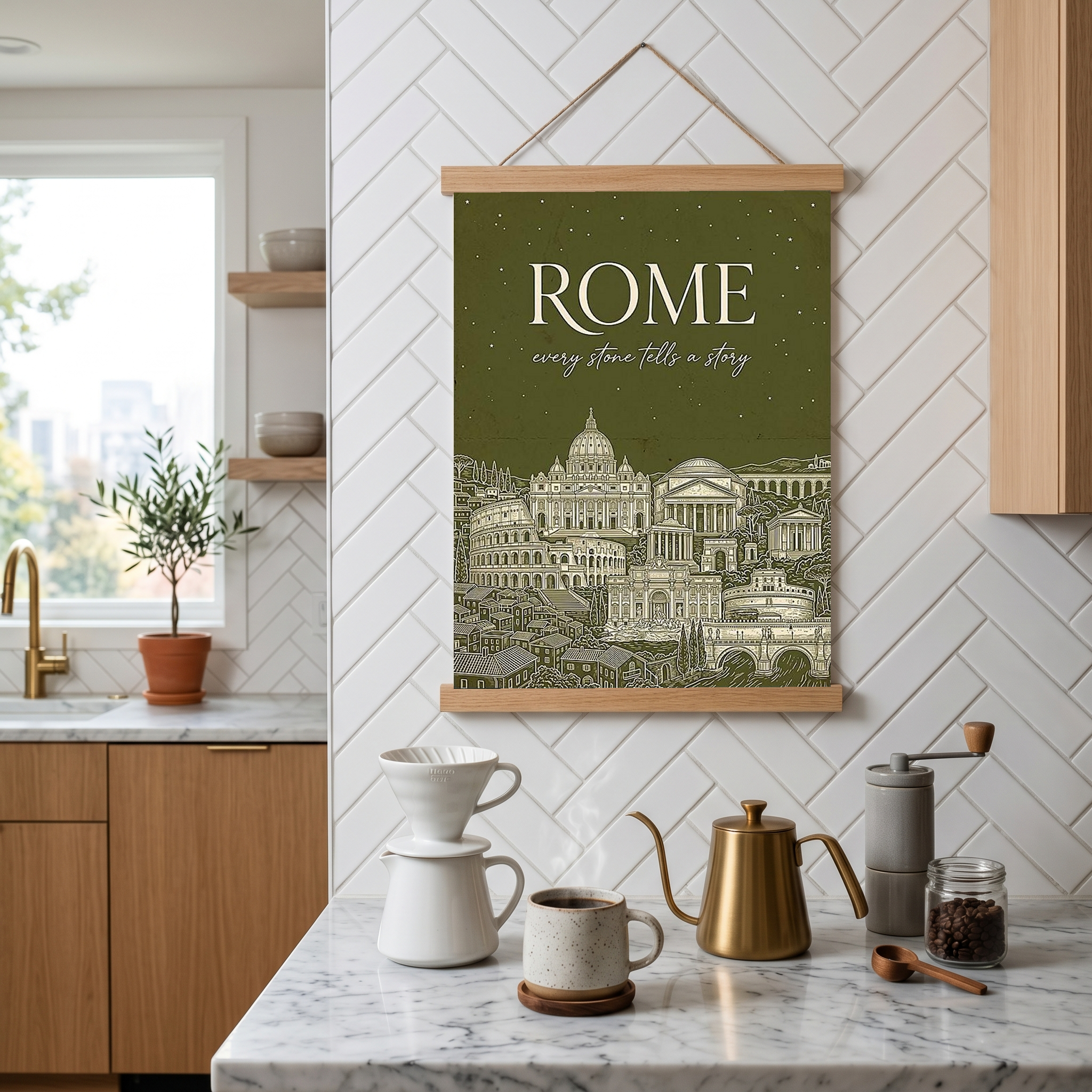 Rome Line Art Print — Olive Green Colosseum Vatican Skyline Wall Art