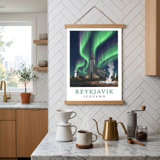 Reykjavik Iceland Travel Poster — Hallgrímskirkja Northern Lights Print