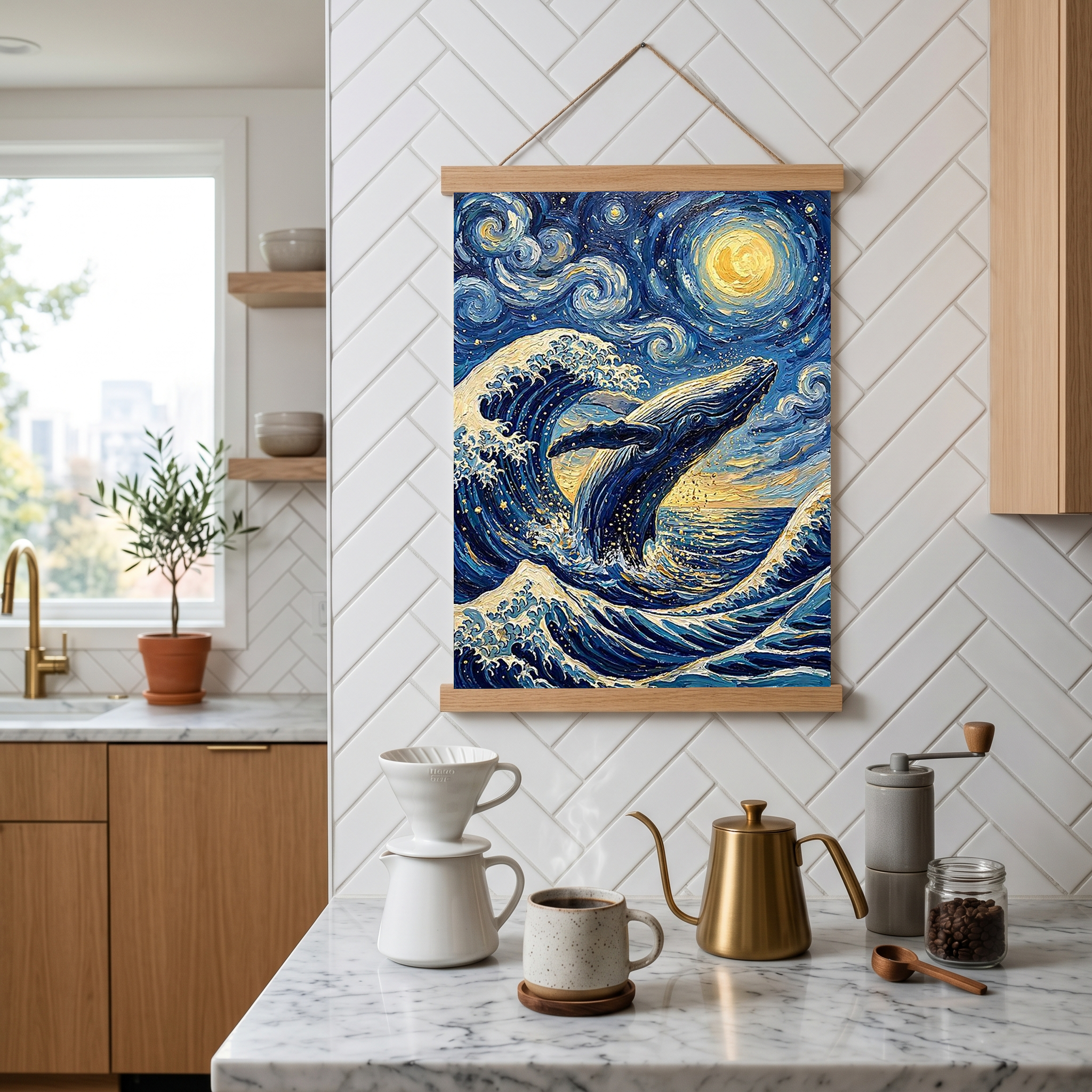 Breaching Whale Starry Night Print — Van Gogh-Style Ocean Humpback Wall Art