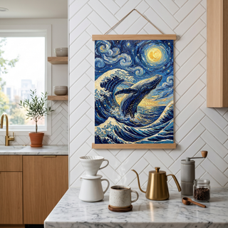 Breaching Whale Starry Night Print — Van Gogh-Style Ocean Humpback Wall Art