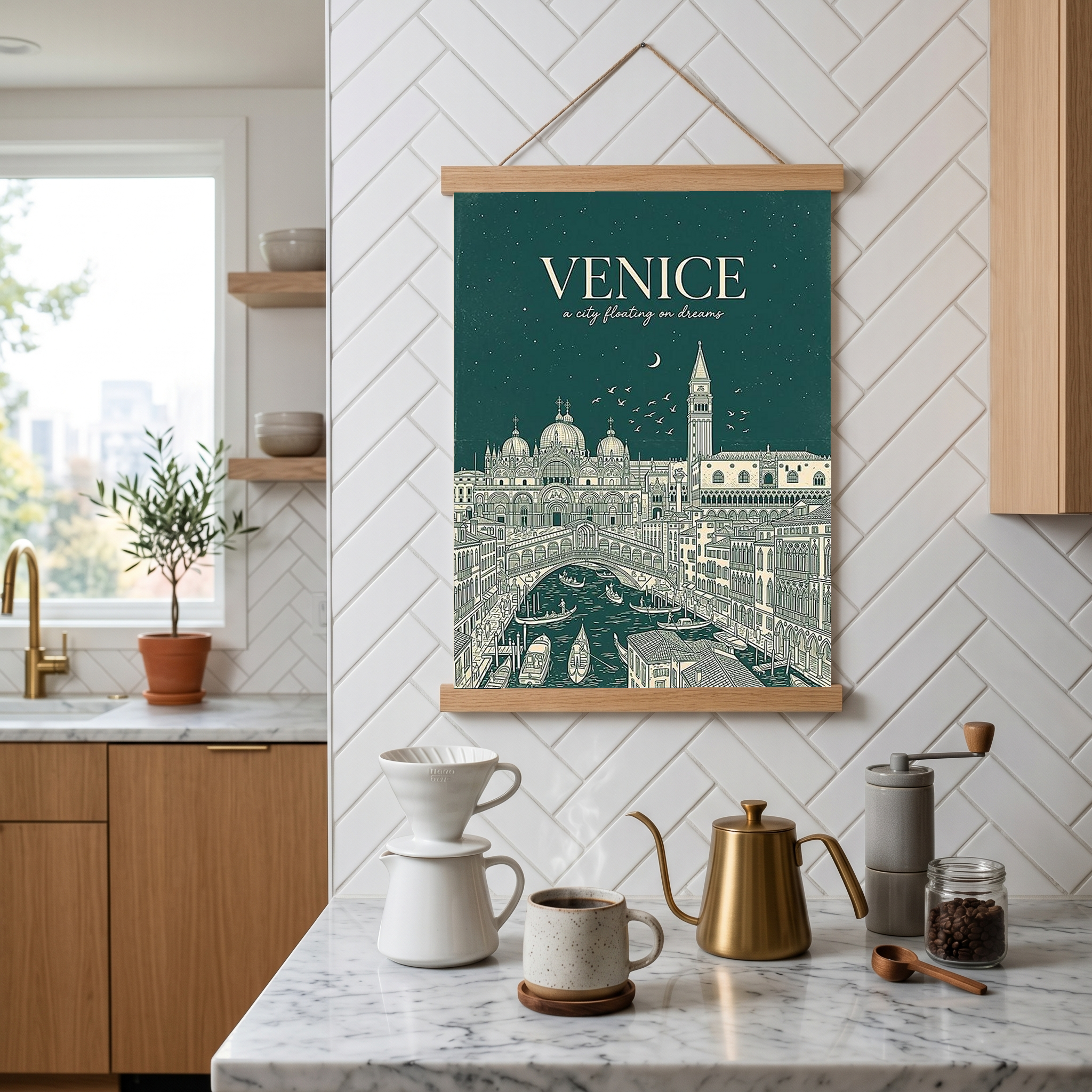 Venice Line Art Print — Forest Green St. Mark's Basilica Rialto Bridge Wall Art