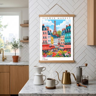 Paris Flower Market Print — Eiffel Tower Cityscape French Botanical Art