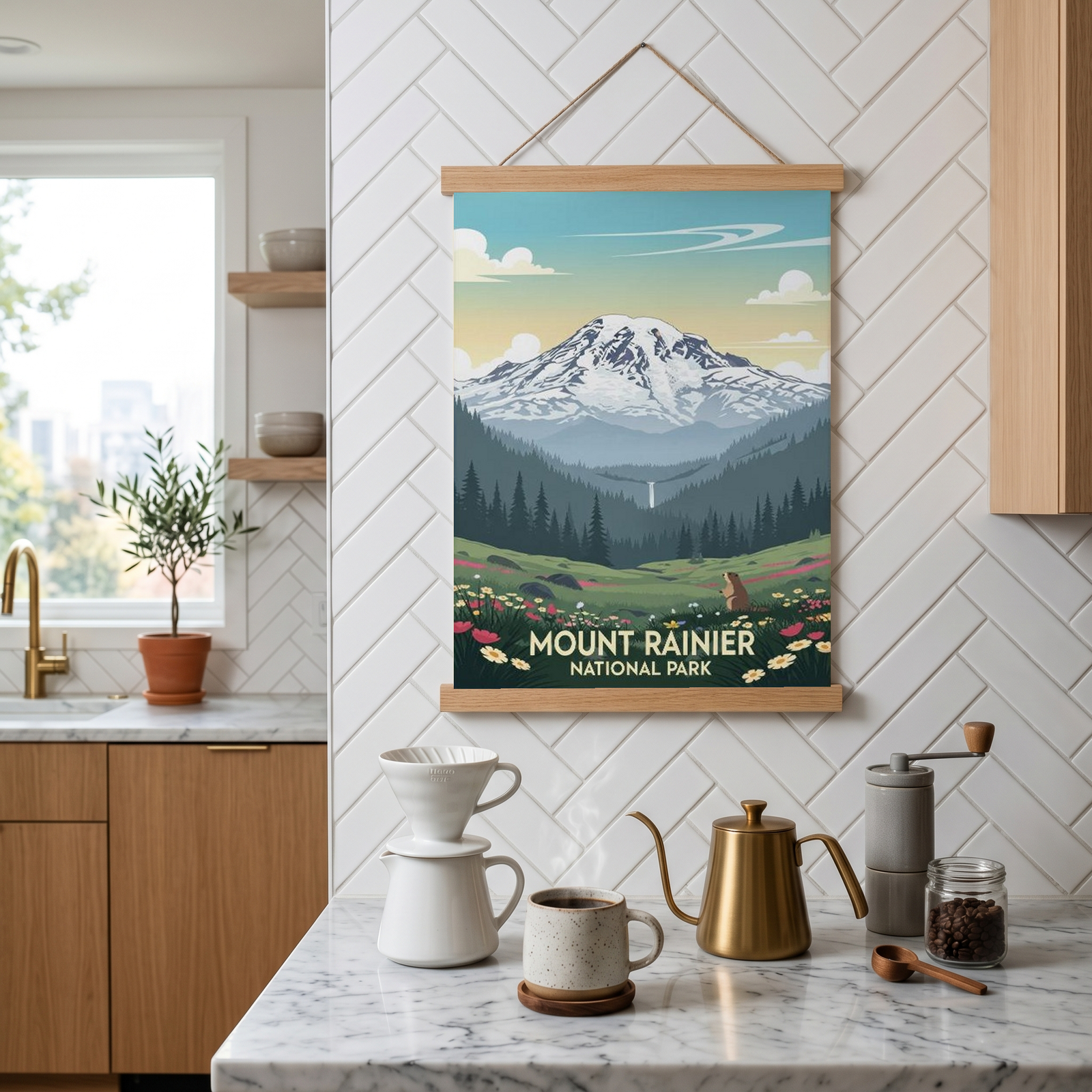 Mount Rainier National Park Poster — Vintage Washington Wildflower Marmot Print