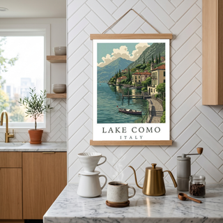 Lake Como Italy Travel Poster — Lakeside Village Boat Landscape Print