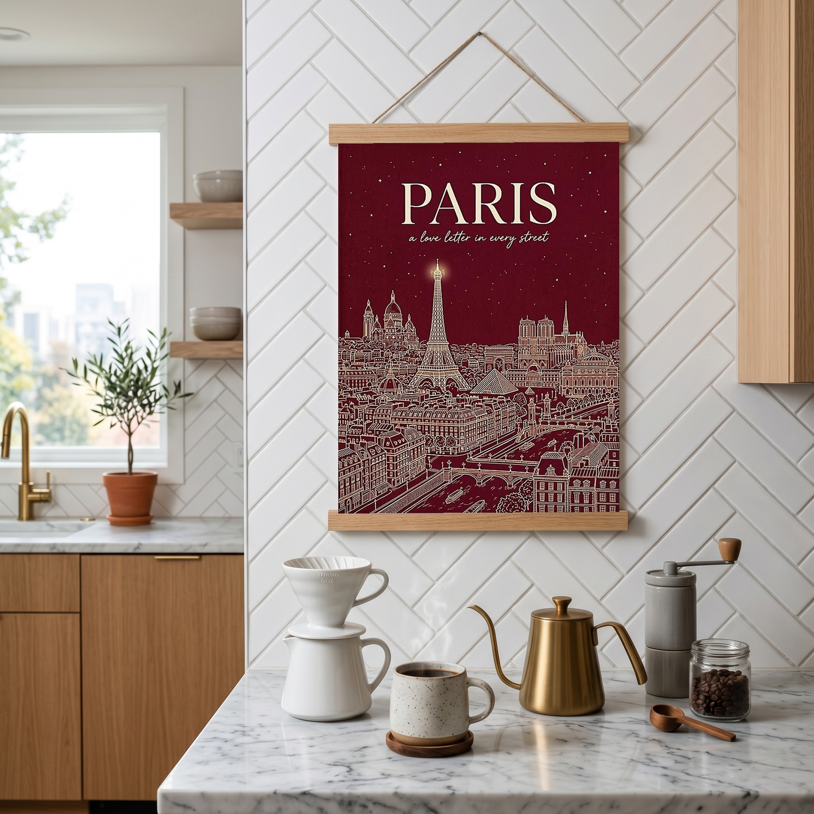 Paris Line Art Print — Burgundy Eiffel Tower Skyline Wall Art