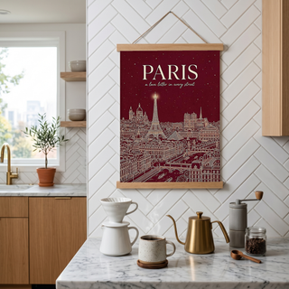 Paris Line Art Print — Burgundy Eiffel Tower Skyline Wall Art