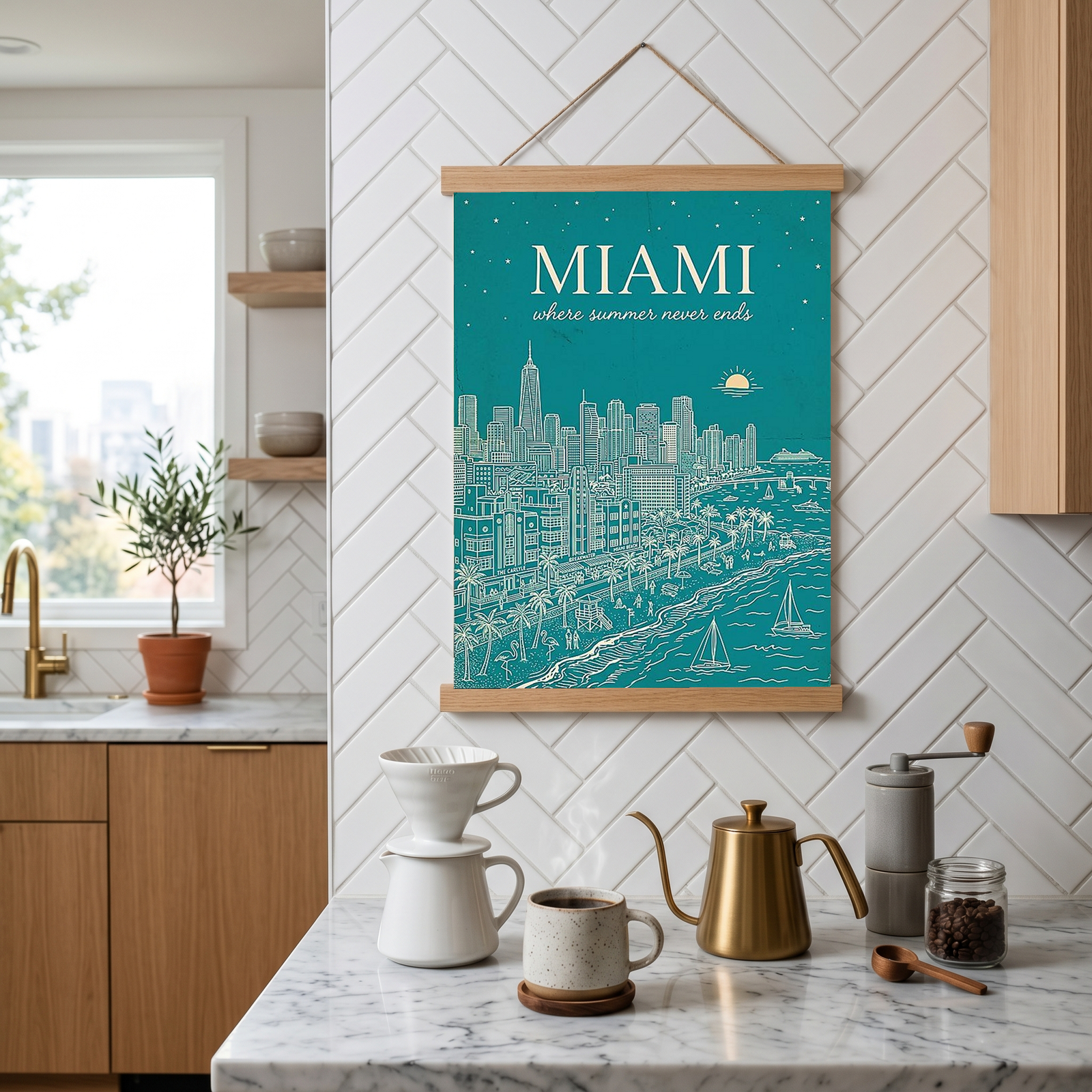 Miami Line Art Print — Teal South Beach Skyline Art Deco Wall Art