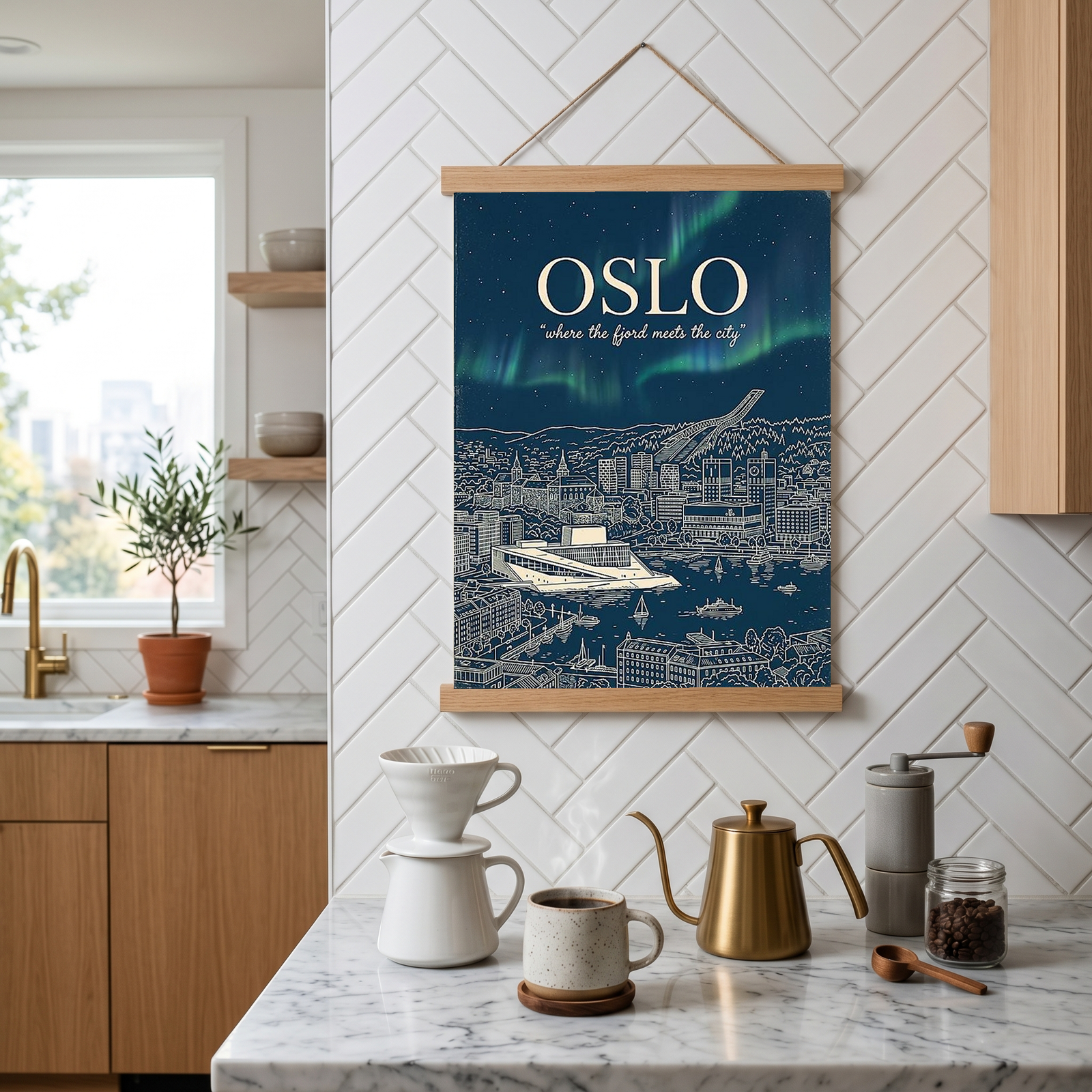 Oslo Line Art Print — Navy Opera House Fjord Aurora Borealis Skyline Wall Art
