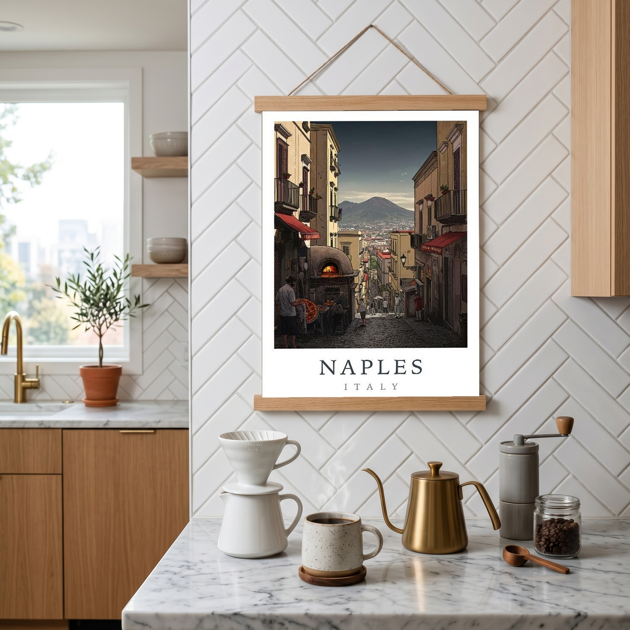 Naples Italy Travel Poster — Vesuvius Pizza Street Scene Print