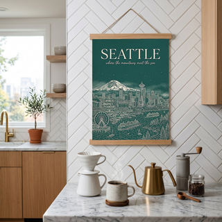 Seattle Line Art Travel Poster — Mount Rainier Cityscape Pacific Northwest Print