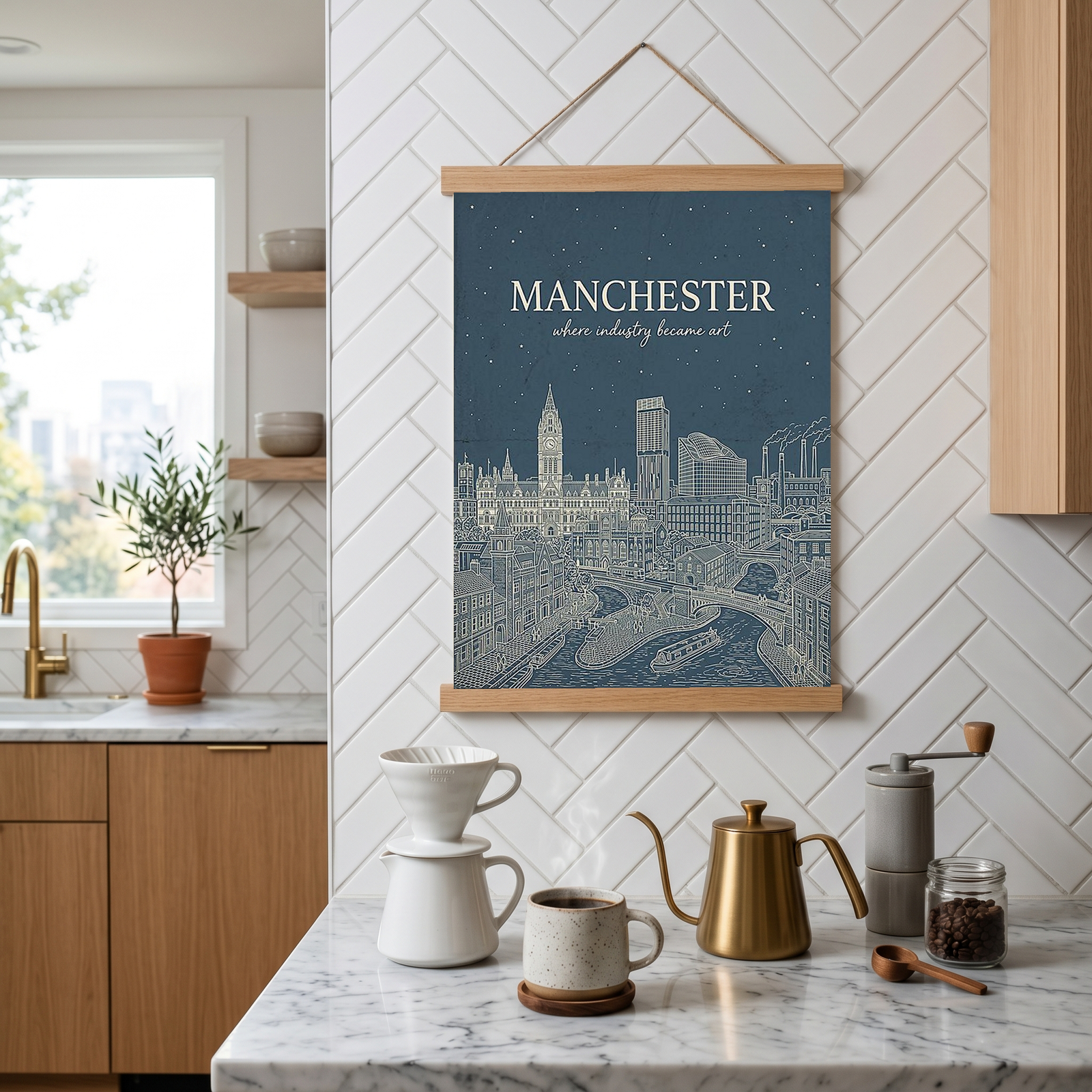 Manchester Line Art Print — Slate Blue Town Hall Industrial Skyline Wall Art