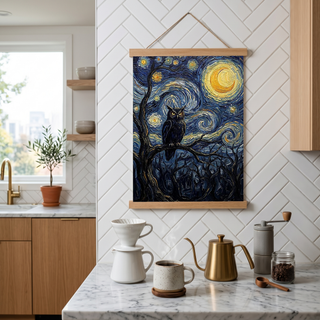Wise Owl Starry Night Print — Van Gogh-Style Mystical Forest Wall Art