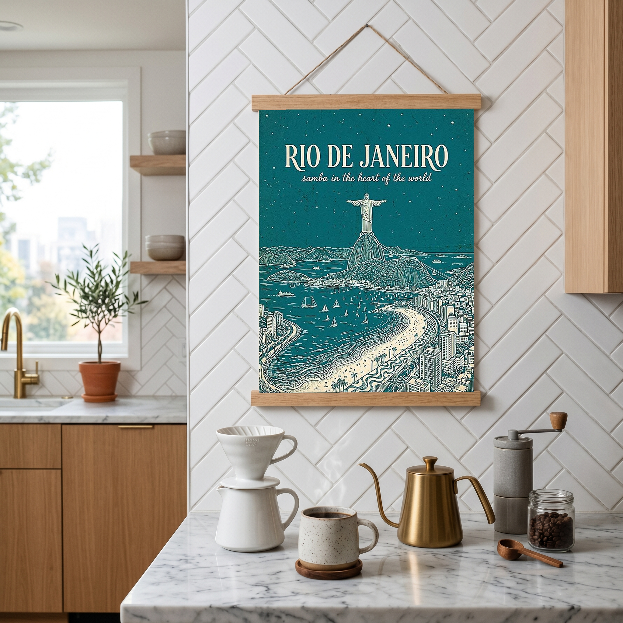 Rio de Janeiro Line Art Print — Teal Christ the Redeemer Copacabana Wall Art