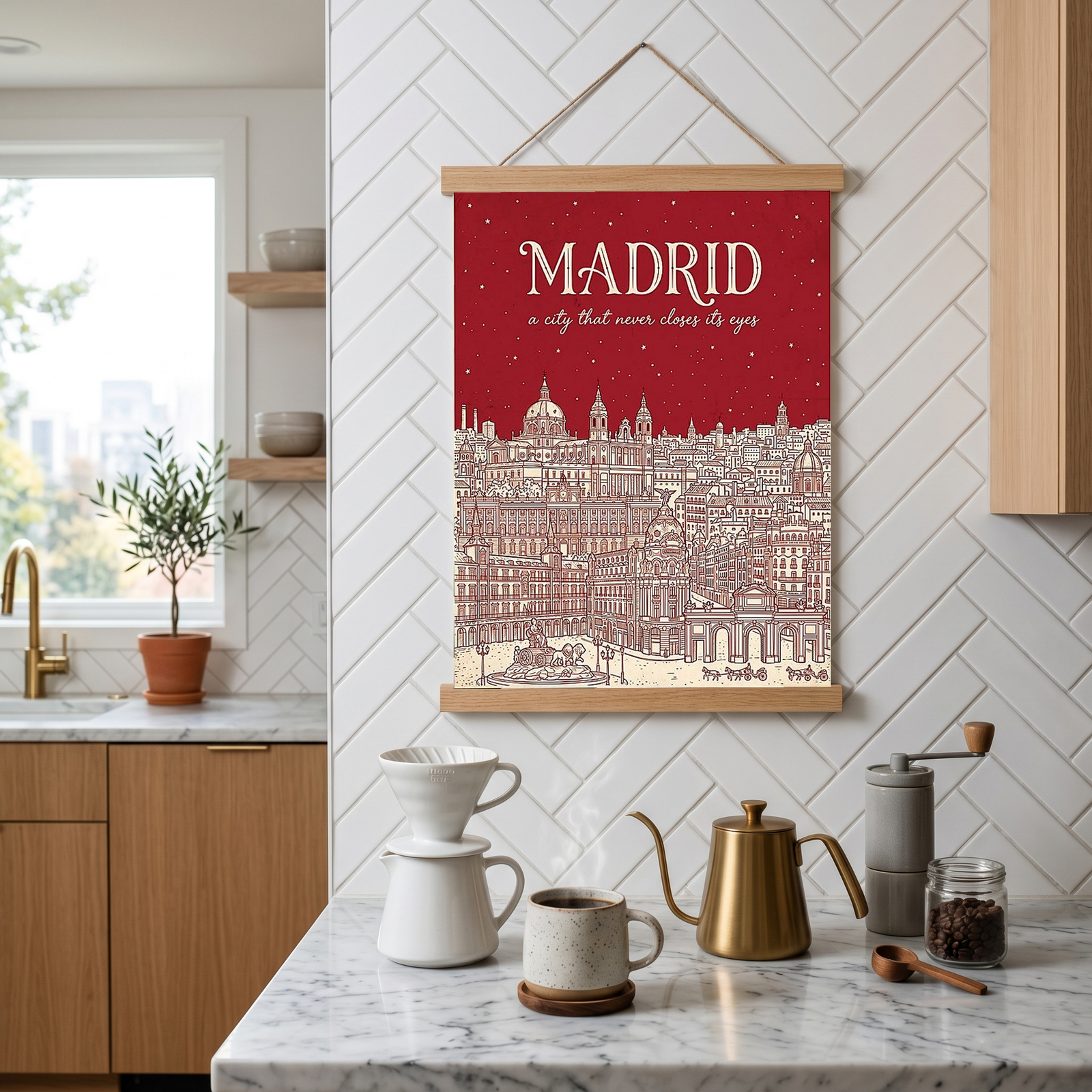 Madrid Line Art Print — Cherry Red Royal Palace Plaza Mayor Skyline Wall Art