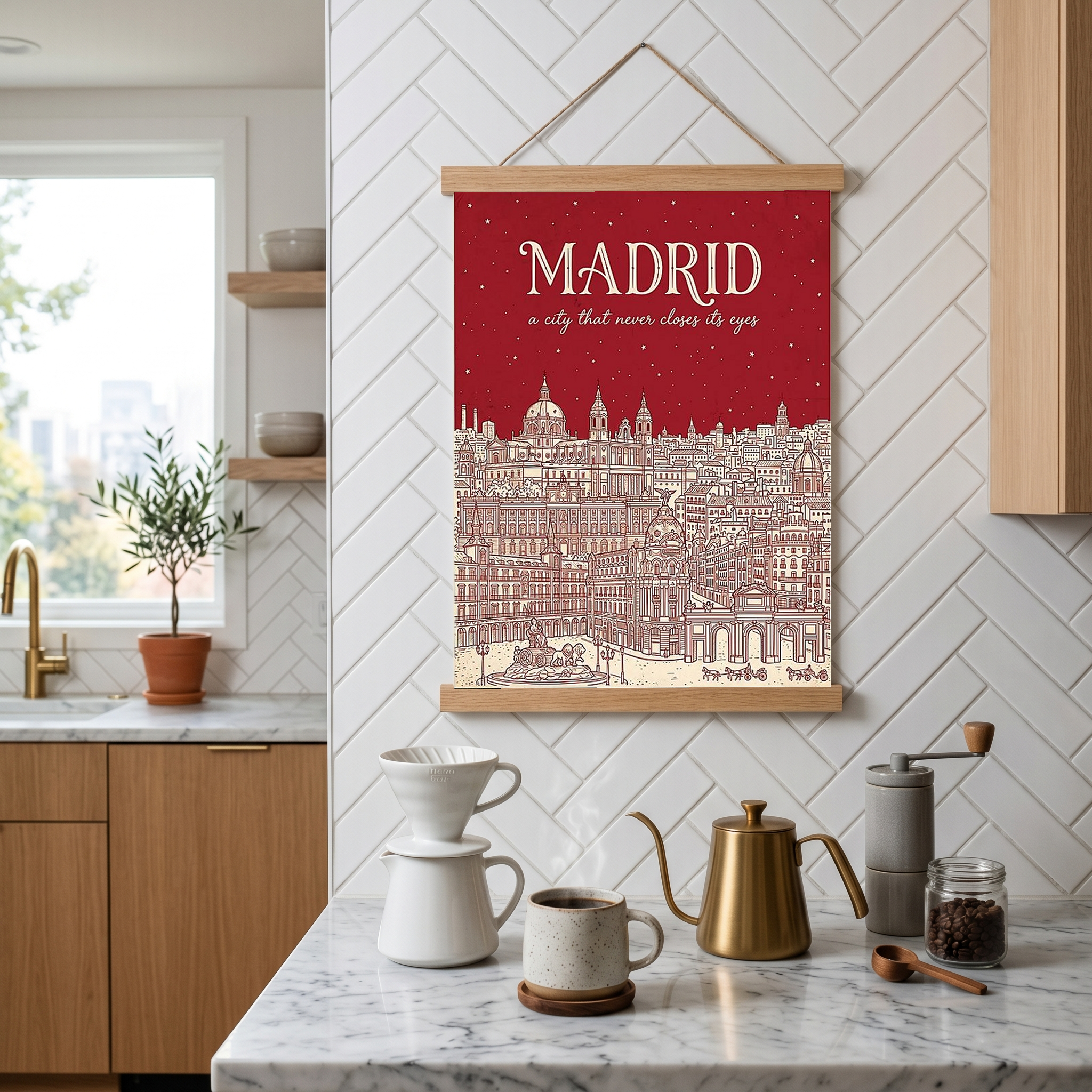 Madrid Line Art Print — Cherry Red Royal Palace Plaza Mayor Skyline Wall Art