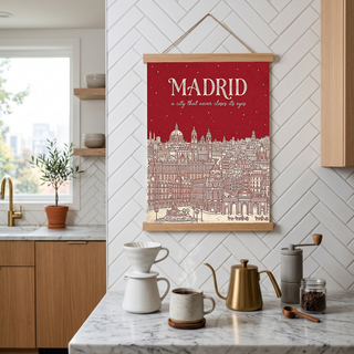 Madrid Line Art Print — Cherry Red Royal Palace Plaza Mayor Skyline Wall Art