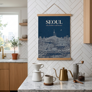 Seoul Line Art Print — Navy N Seoul Tower Gyeongbokgung Palace Skyline Wall Art