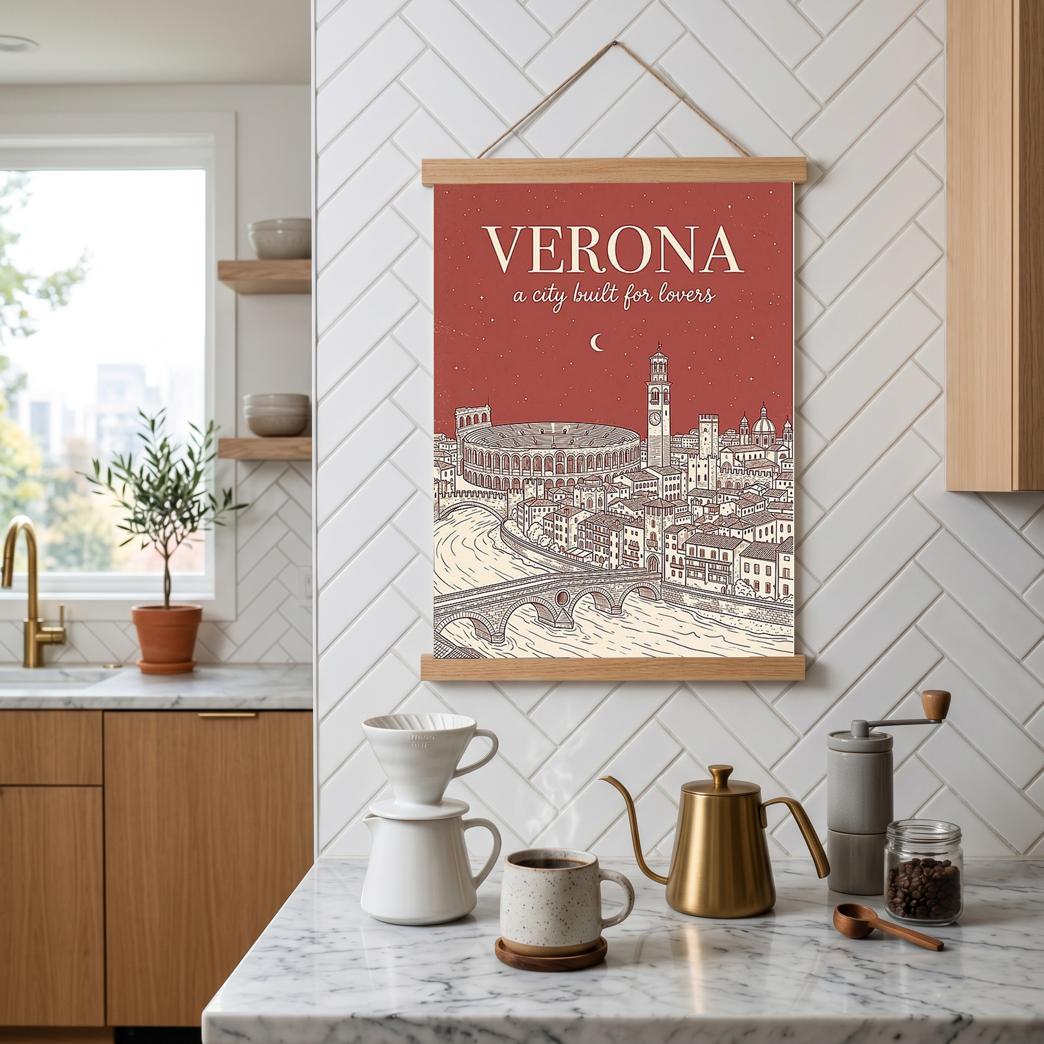Verona Line Art Print — Rust Arena Ponte Pietra Skyline Wall Art