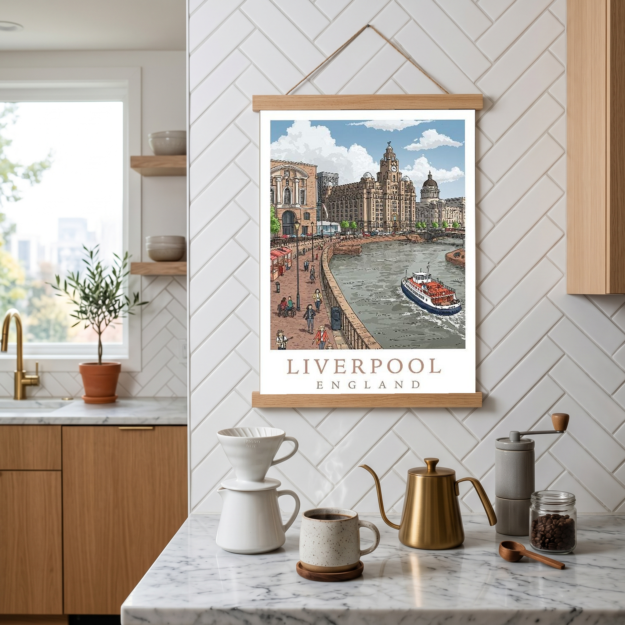 Liverpool England Travel Poster — Pier Head Liver Building Waterfront Print