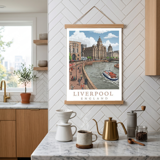 Liverpool England Travel Poster — Pier Head Liver Building Waterfront Print