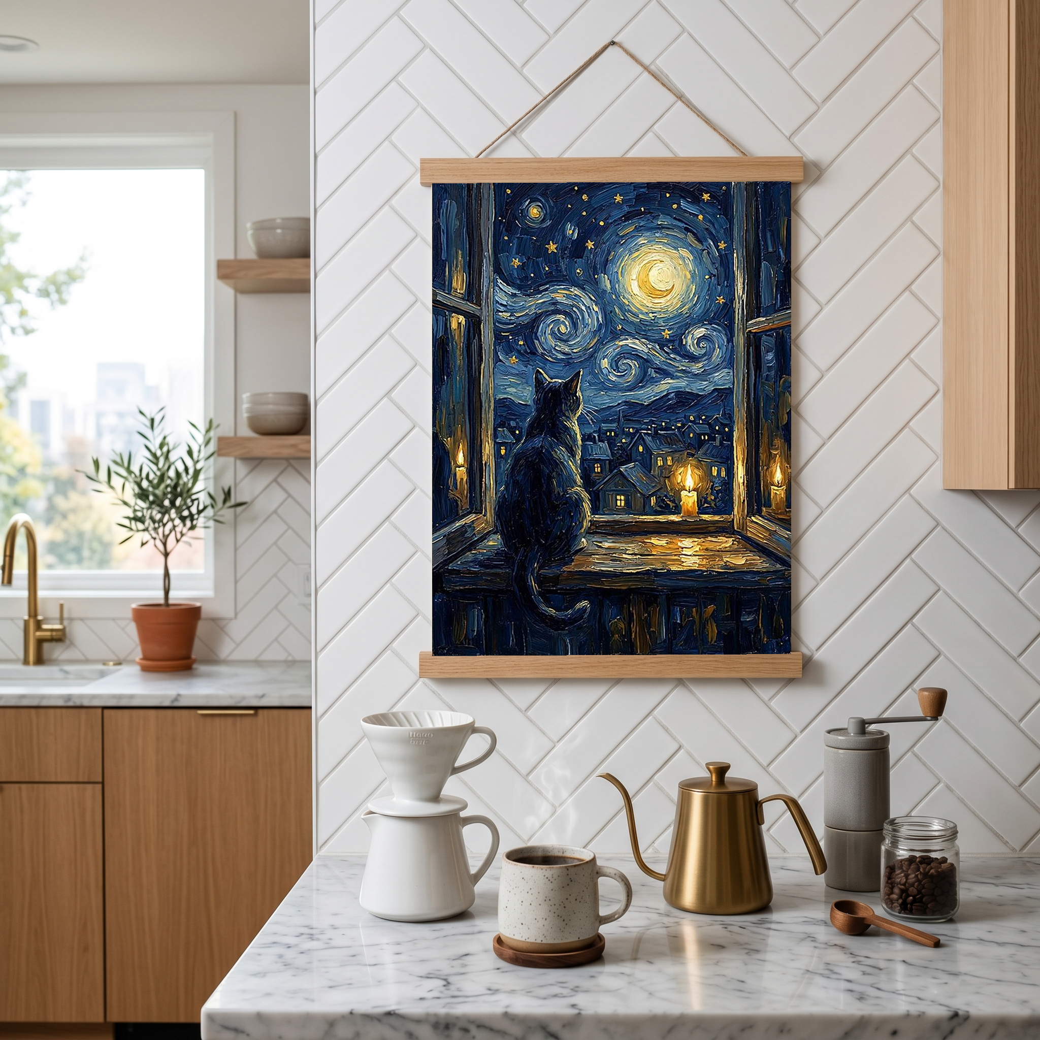 Cat at Candlelit Window Print — Van Gogh Starry Night Village Wall Art