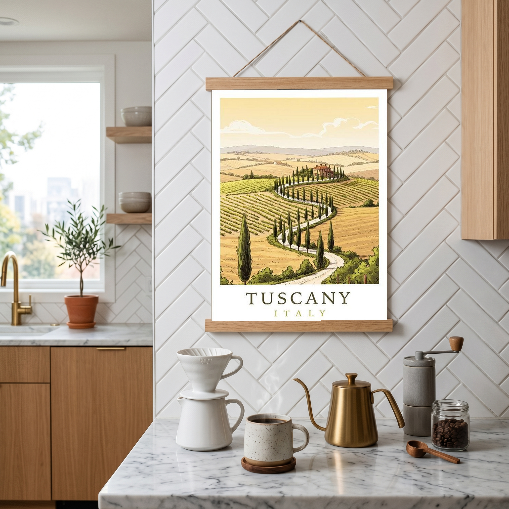 Tuscany Italy Travel Poster — Rolling Hills Cypress Vineyards Print