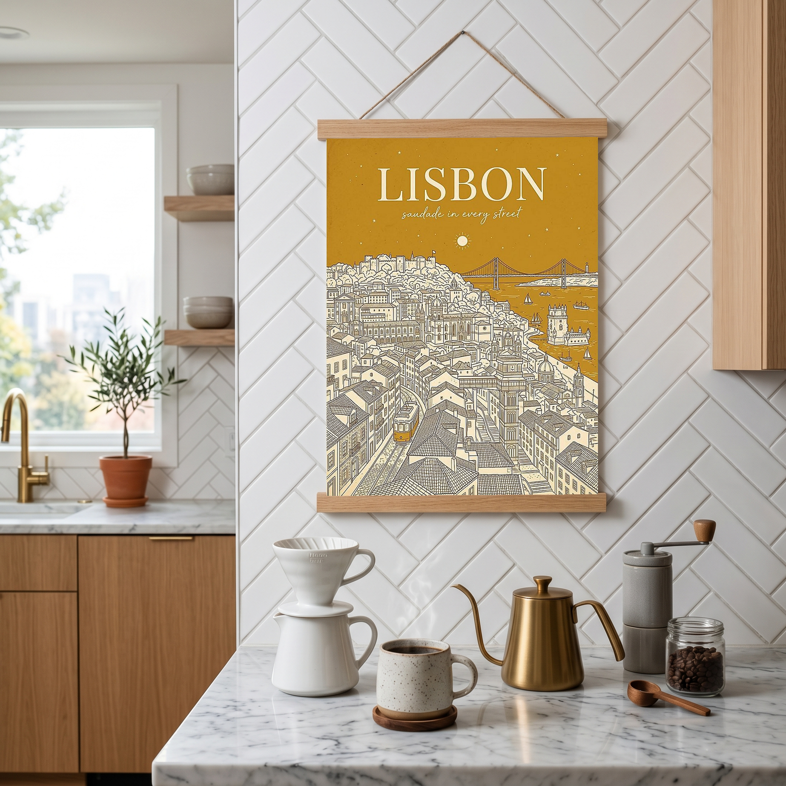 Lisbon Line Art Print — Mustard Yellow Tram Belém Tower Skyline Wall Art