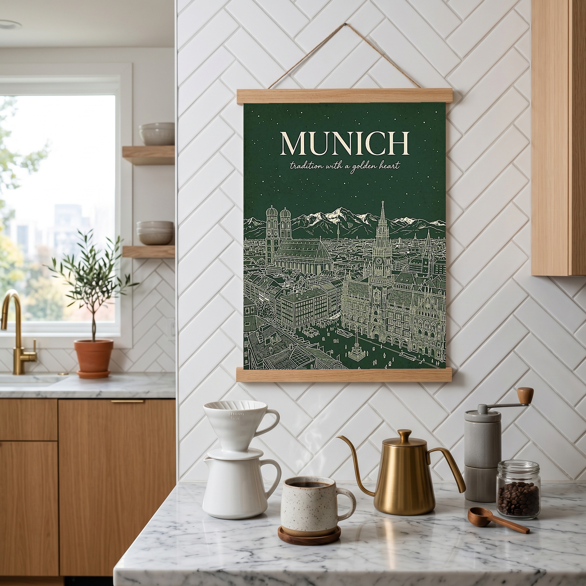 Munich Line Art Print — Forest Green Frauenkirche Marienplatz Skyline Wall Art