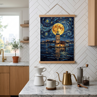 Maiden Tower Istanbul Full Moon Print — Van Gogh-Style Skyline Wall Art
