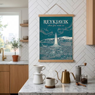 Reykjavik Line Art Print — Teal Hallgrímskirkja Aurora Skyline Wall Art