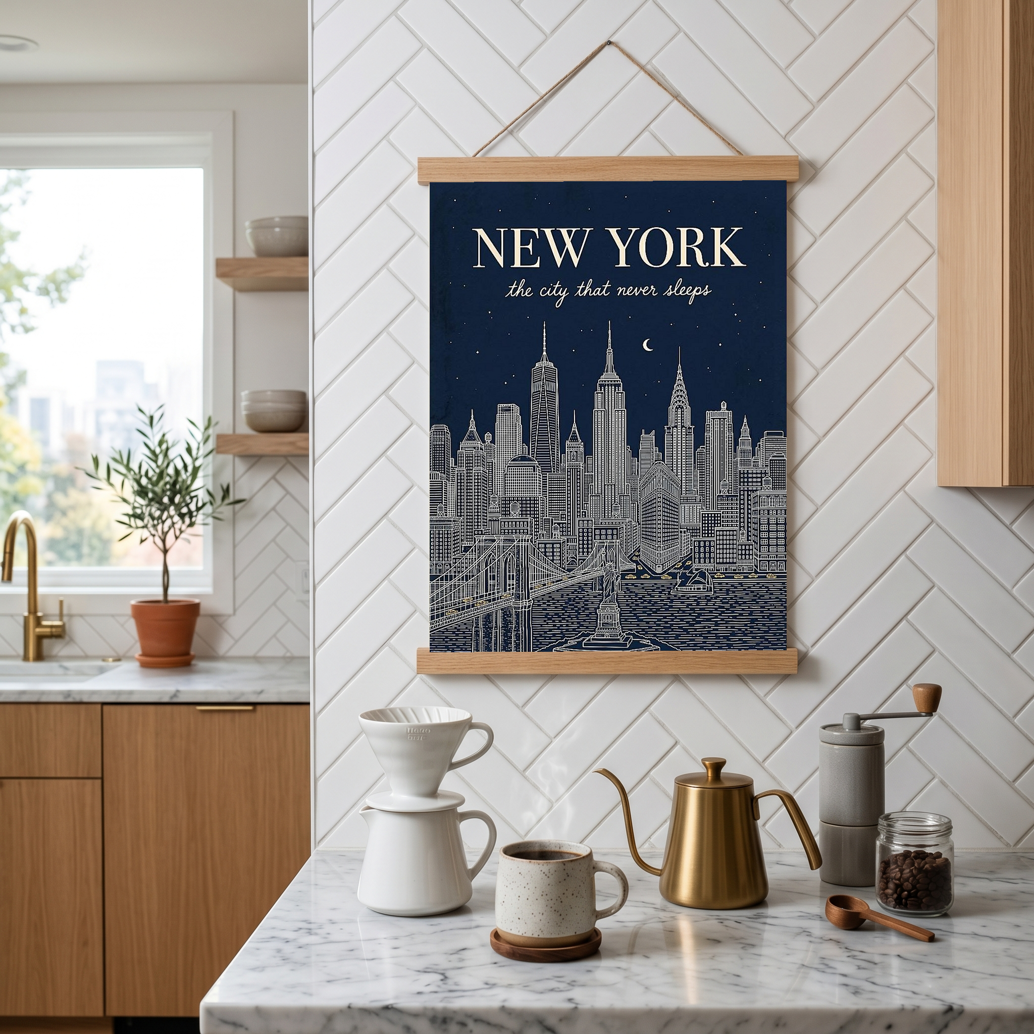 New York Line Art Print — Navy Manhattan Skyline Empire State Brooklyn Bridge Wall Art