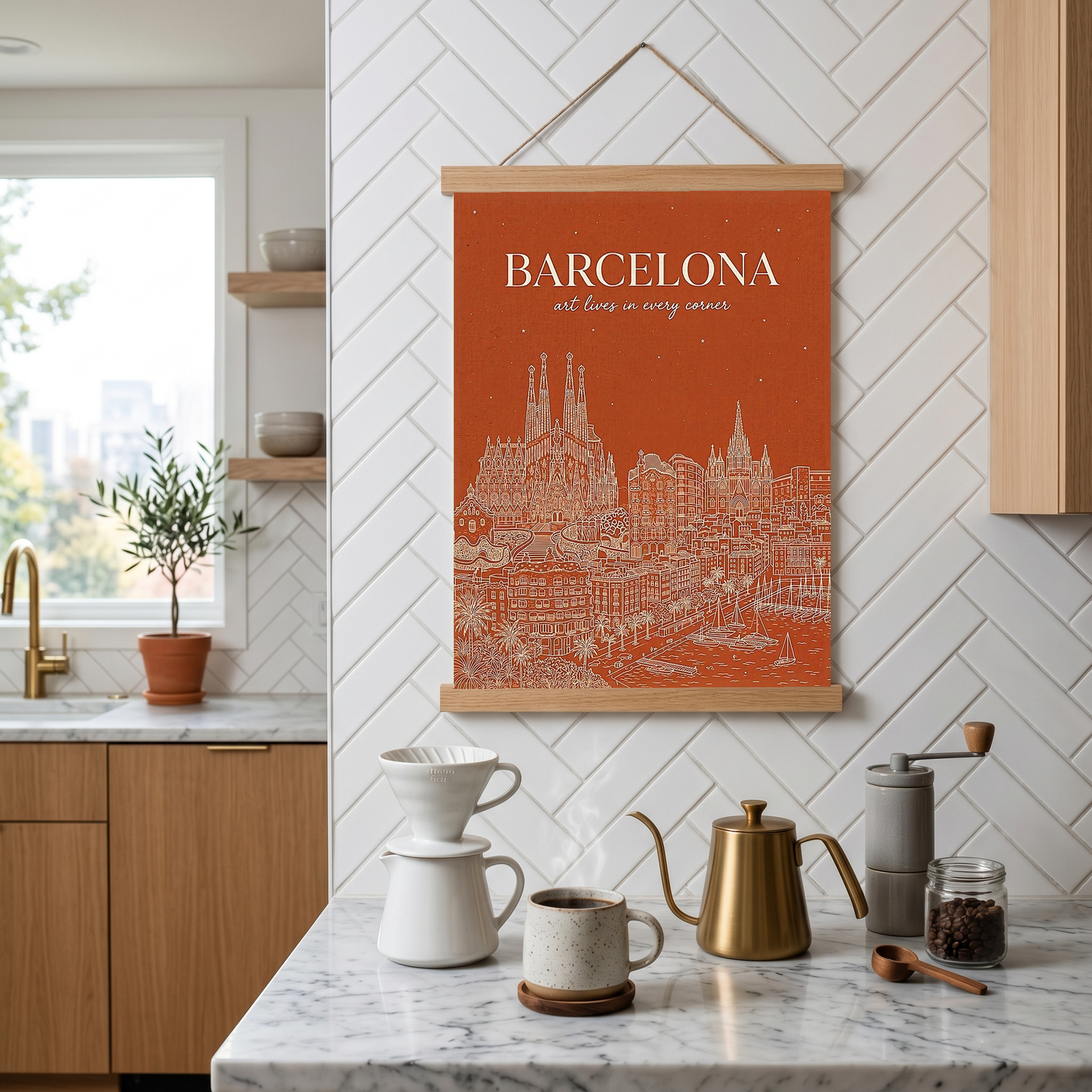 Barcelona Line Art Print — Burnt Orange Sagrada Familia Skyline Wall Art