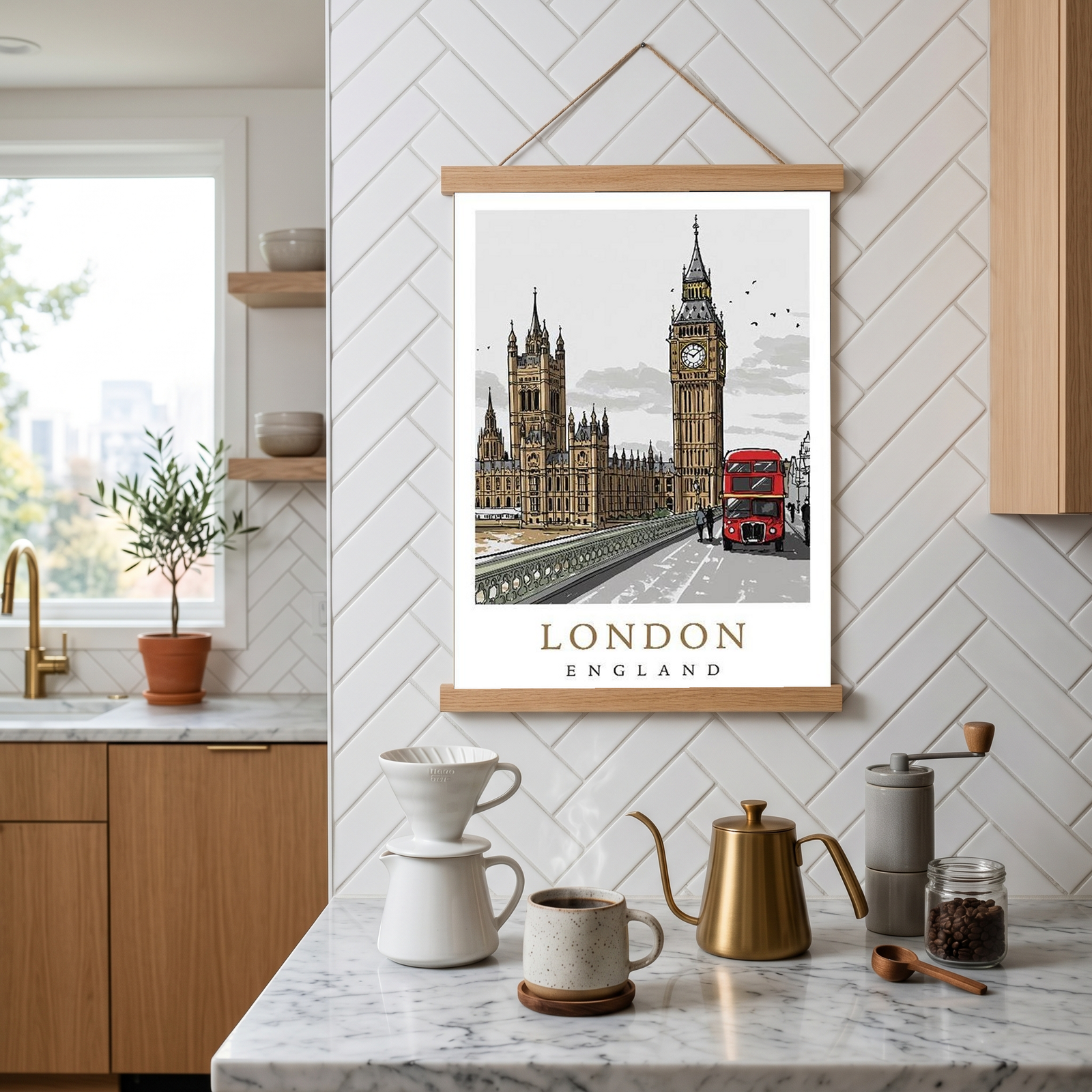London Travel Poster — Big Ben Houses of Parliament Red Bus Print