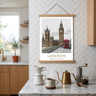 London Travel Poster — Big Ben Houses of Parliament Red Bus Print