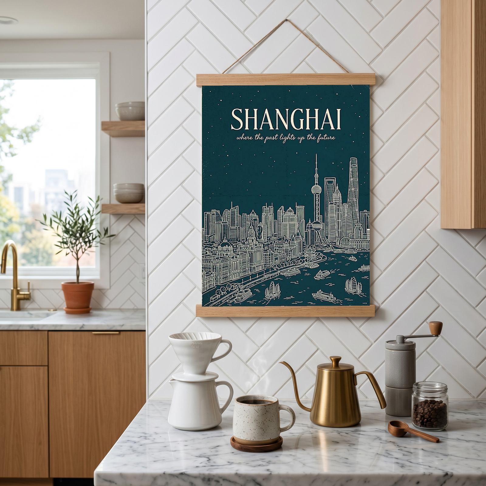 Shanghai Line Art Print — Teal Oriental Pearl Tower The Bund Skyline Wall Art
